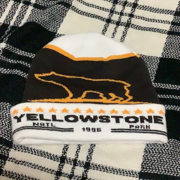 🔴 Yellowstone National Park brown, gold & white cuffed bear beanie hat - Picture 2 of 5